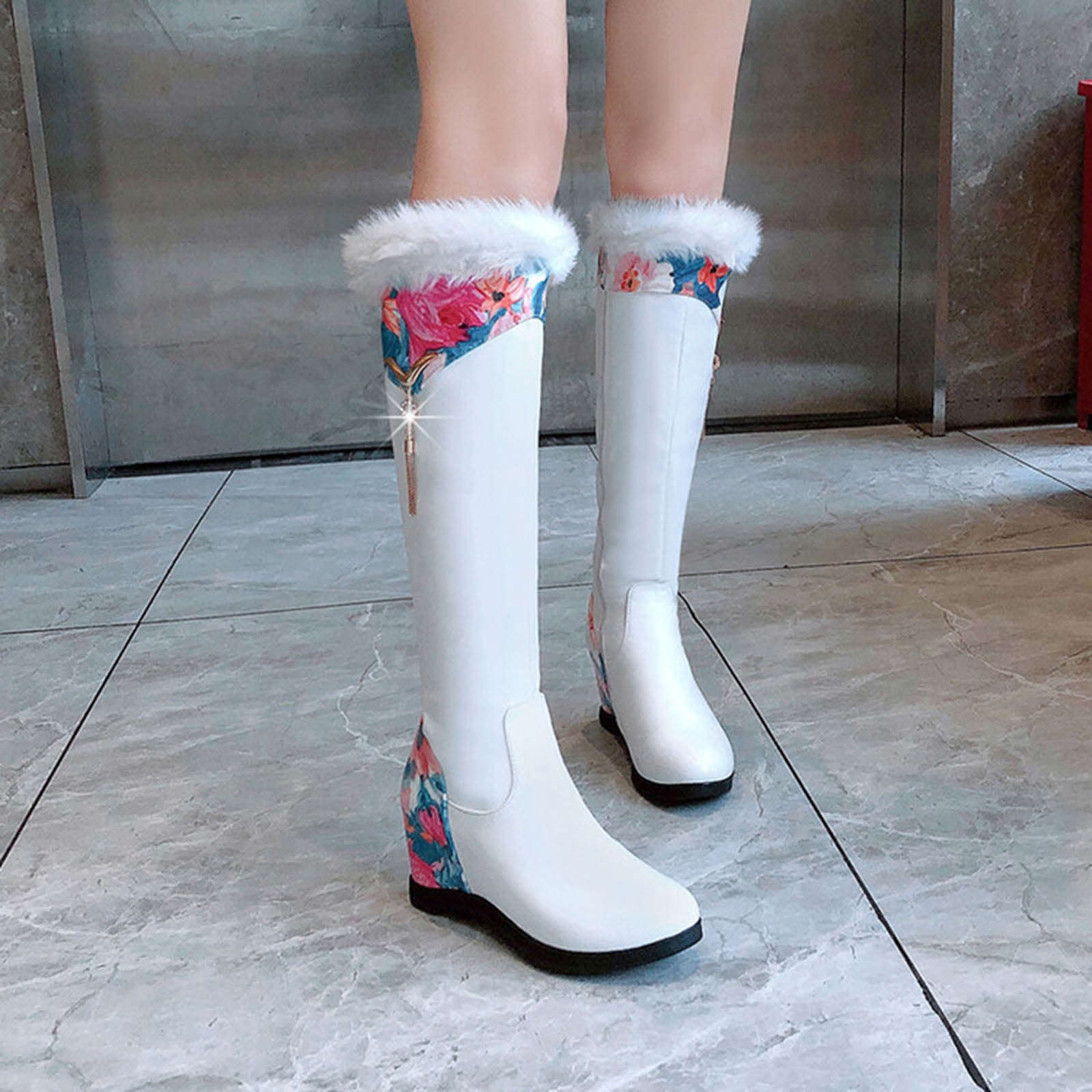 Tawop White Boots PlusSize Boots with Raised Printed Round Toe Thigh