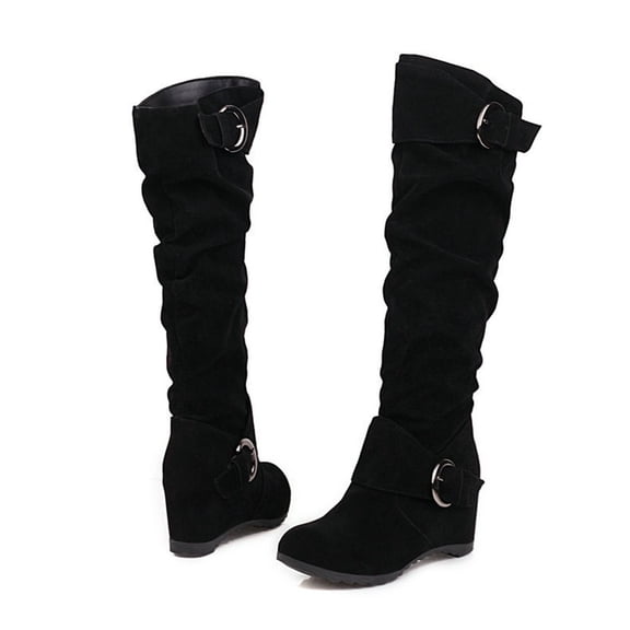 Tawop White Gogo Boots For Women, Wedge Height Increase Shoes High Heel Casual Solid Color Slip-On Winter Warm Belt Buckle Knee-Length Knight Boots Womens Fall Boots Girl Boots