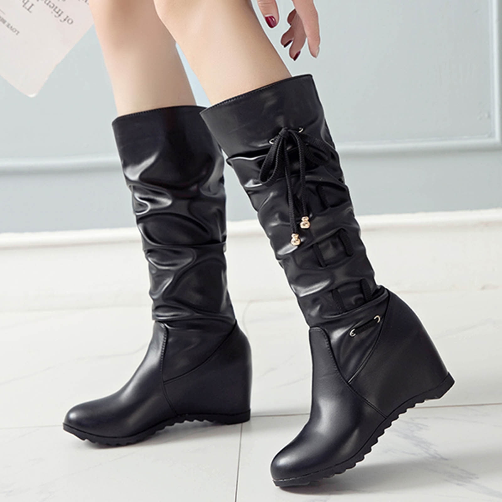 White Pointed Knee-High Boots with Wedge Heel – Minimal Chic