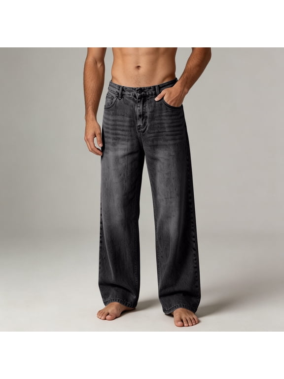 Wide Leg Jeans for Men Solid Color Loose Straight Leg Distressed Men Pants Vintage Stone Washed Classic Retro Denim Trousers