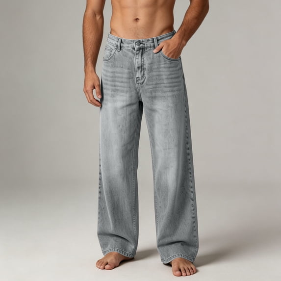 Tawop Wide Leg Mens Jeans Solid Color Loose Straight Leg Distressed Mens Pants Vintage Stone Washed Classic Retro Denim Trousers