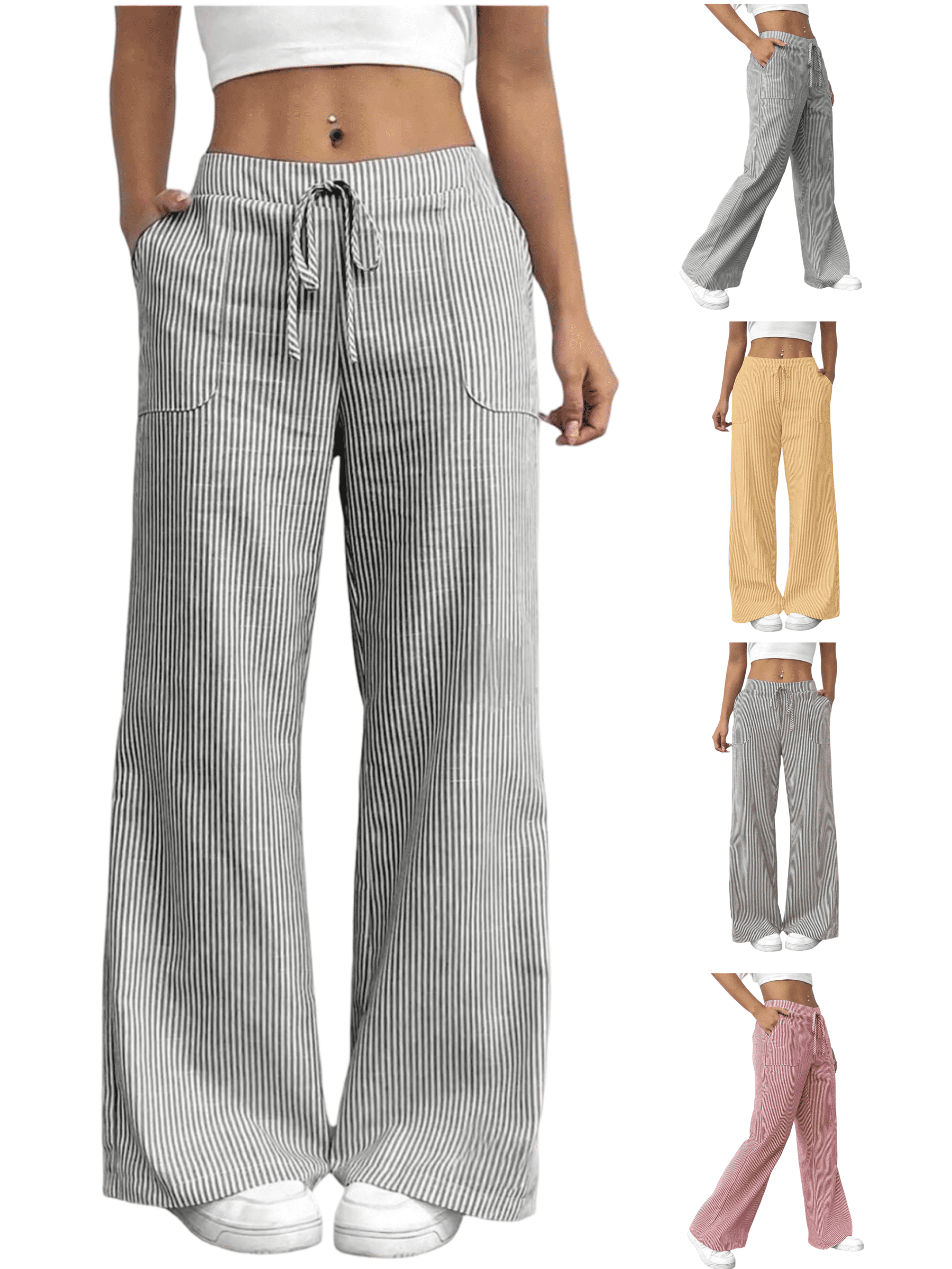 Tawop Striped Pants for Women Cotton Linen Pants Drawstring Open Bottom ...
