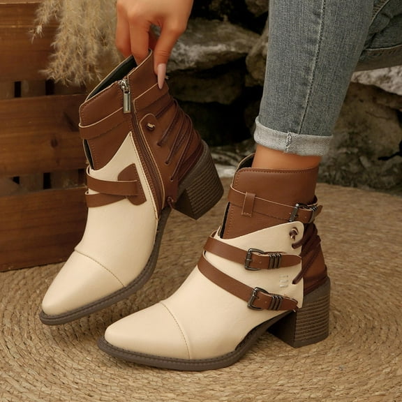 Tawop Winter Boots for Women Fashionable Casual Versatile Plus Size Short Tube Thick Heel Belt Buckle Thick Sole Non Boots Women