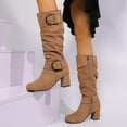 thumbnail image 1 of Tawop Winter Boots for Women Mid-Calf Chunky High Heel Buckle Side Zip Round Toe Boots, 1 of 6