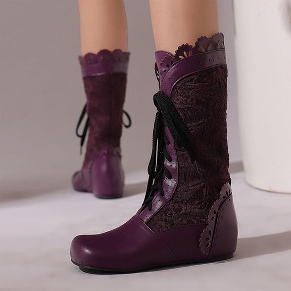 Tawop Winter Boots for Women Mid-Calf Lace Up Round Toe Boots