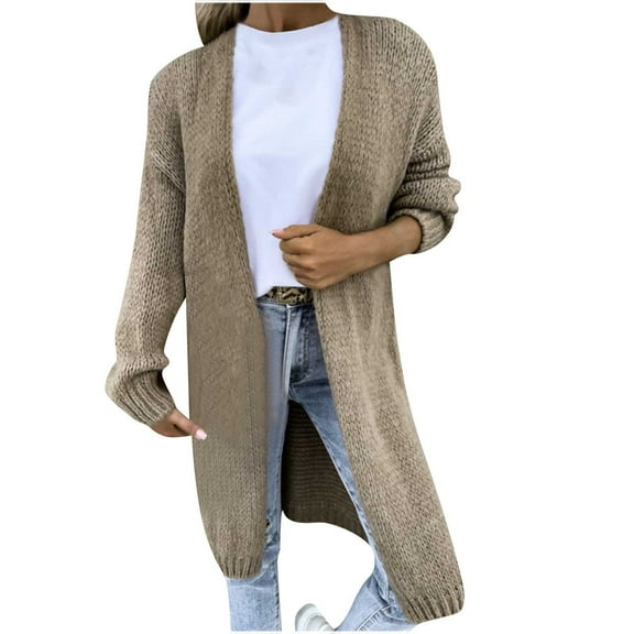 Tawop Woman Cardigans Long Cardigans for Women Autumn Solid Colour Cardigan Long Sleeve Knitted Mid-Length Sweater Khaki S