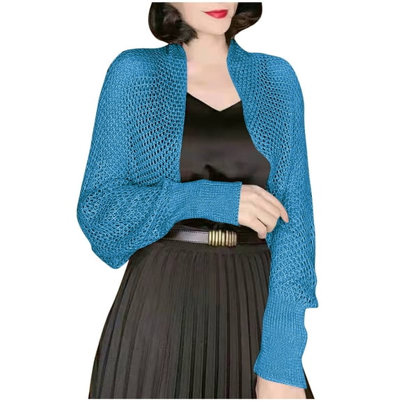 Tawop Woman's Cardigans , Autumn Solid Colour Long Sleeve Hollow Shawl Loose Sunscreen Knitted Cardigan Blue Free Size