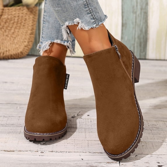 Tawop Boots for Women Side Zip Ankle Boots Chunky Low Heel Lug‑Sole Women's Booties Suede Casual Short Boots