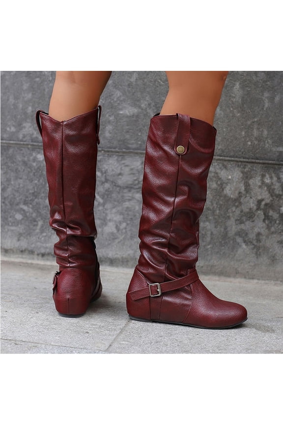 Womans Boots Mid-Calf Buckle Round Toe Winter Boots