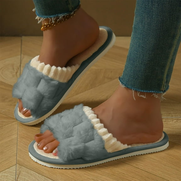 Tawop Womems Slippers Warm Indoor Plush Cute Thermal Color Blocking Home Gray Size：11.5