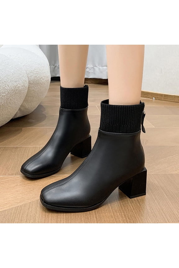 Women Boots Ankle Chunky Heel Zipper Square Toe Winter Black Boots