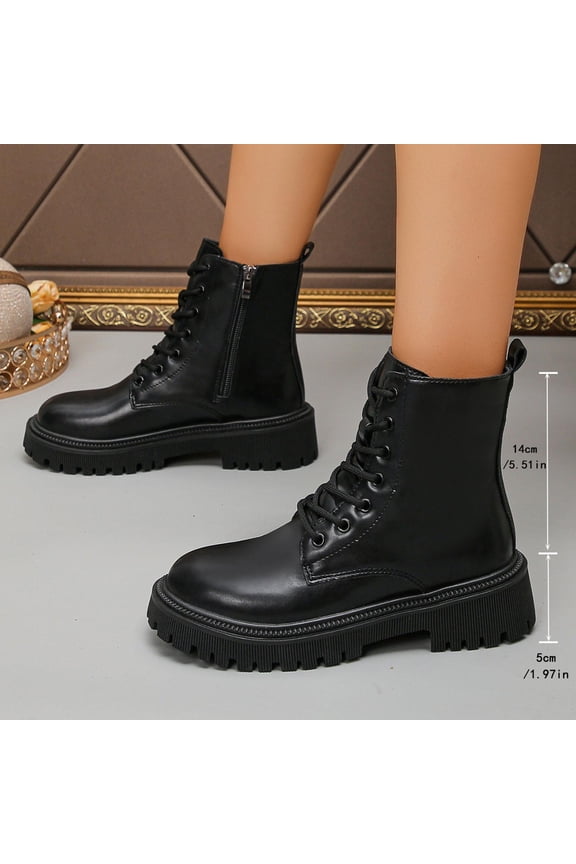 Women Boots Ankle Short Boots Low Heel Lace Up Thick Sole Round Toe Fall Black Boots Combat