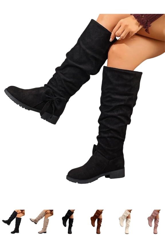 Women Boots Fashion Casual Winter Tall Boots Solid Color Bow Round Toe Heel Mid Calf Boots Women