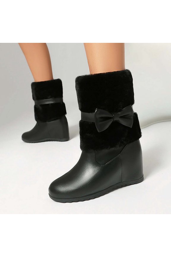 Women Boots Fashionable Casual Versatile Trendy Cool Cute Warm with Bow Round Toe Sloping Heel Thick Short Boots