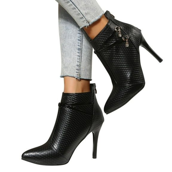 Tawop Women Boots High Heel Zipper Pointy Toe Black Boots