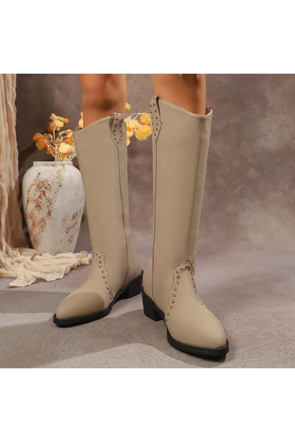 Women Boots Knee High Chunky Low Heel Buckle Side Zip Round Toe Boots