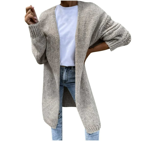 Tawop Women Cardigans Long Cardigans for Women Autumn Solid Colour Cardigan Long Sleeve Knitted Mid-Length Sweater Gray S
