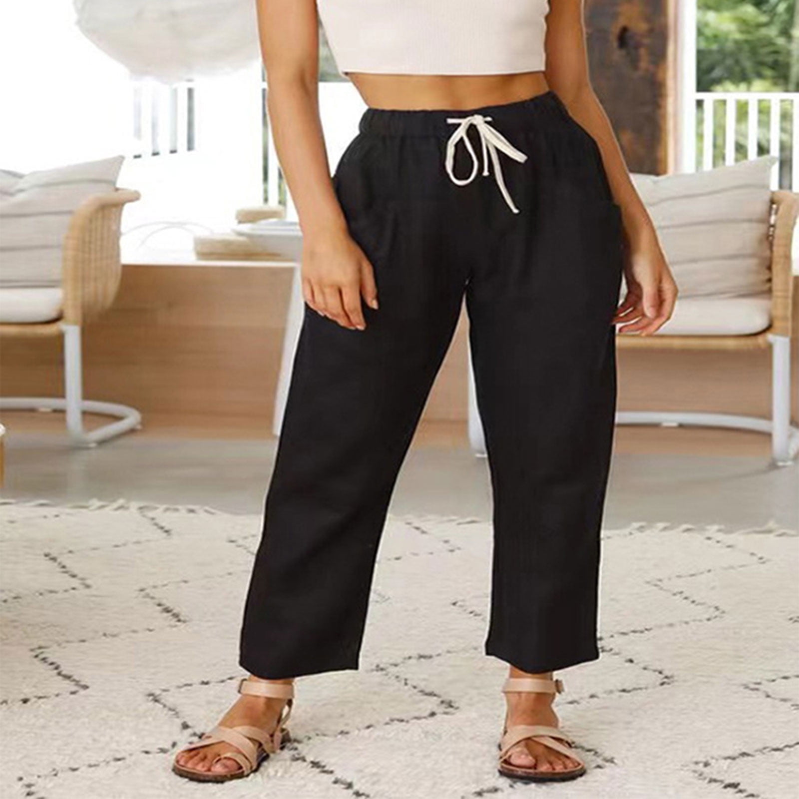 Tawop Women Casual Solid Pants Comfortable Elastic Cropped Pants