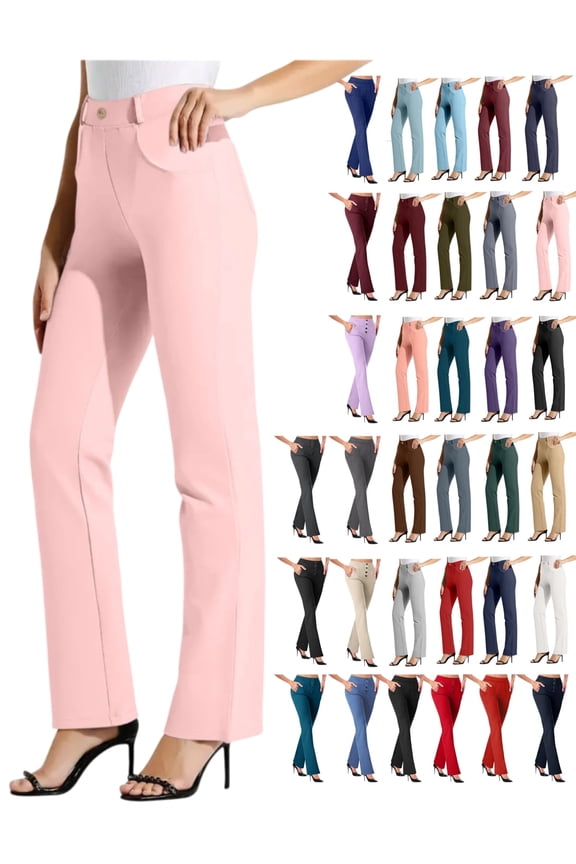 Women Pants Dress Pants Elastic Waist Pull on with Pockets Straight Trousers Pink 2xl