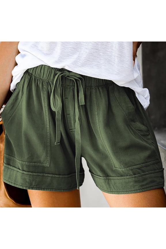 Women Shorts Pockets Loose Elastic Waist Drawstring Summer Green Size:12