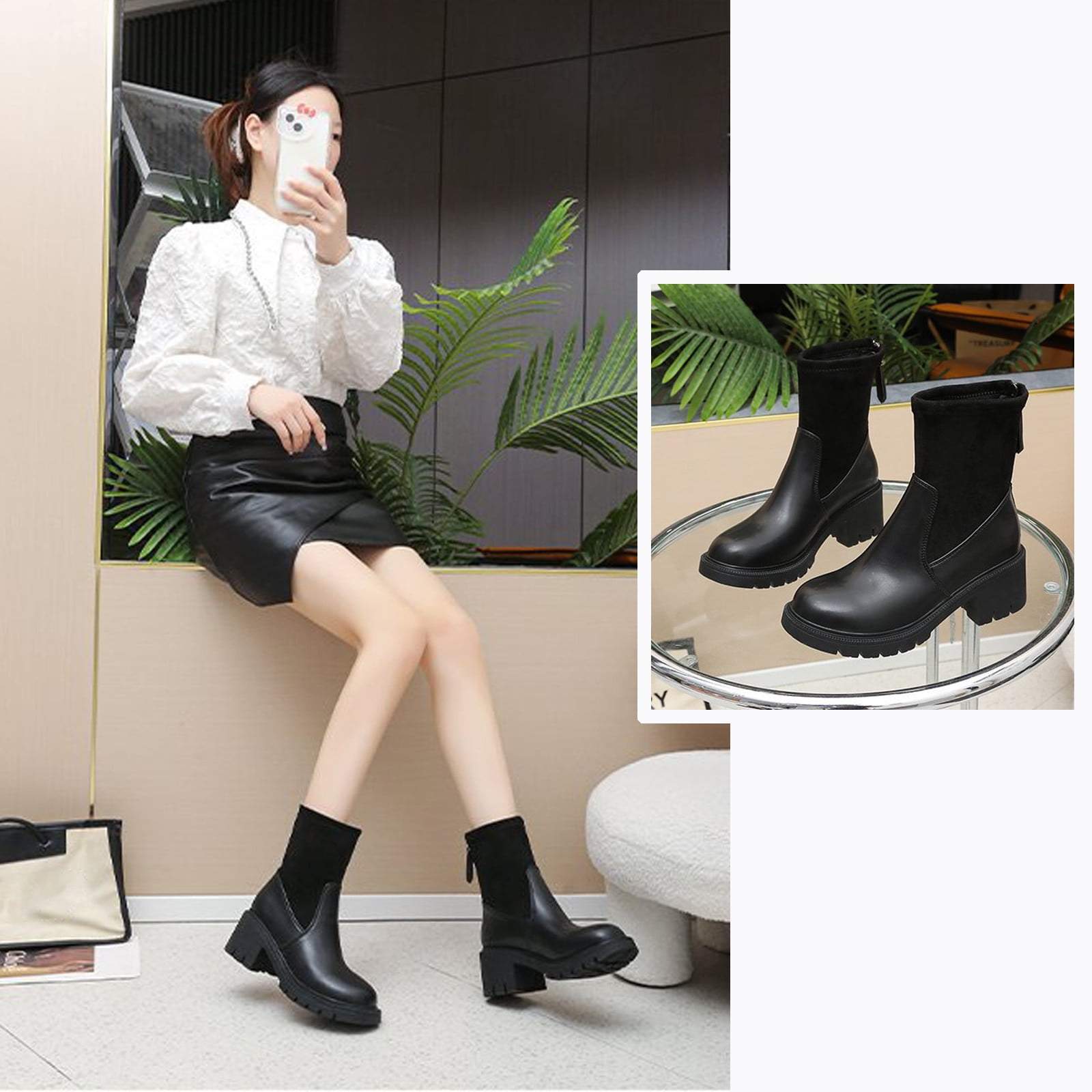 Tawop Women'S Shoes High Heel Boot Flat Zipper Calf Boots Combat Boot ...