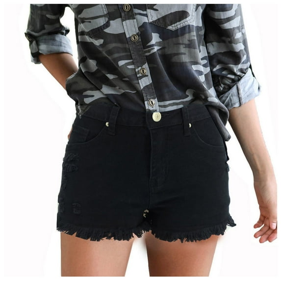 Tawop Ladies Shorts,Soft Shorts for Women Stretchy High Rise Jean Shorts Black Ripped with Pockets Tassel Hem Trouser Shorts Women