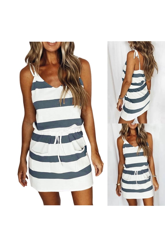Women'S Summer Fashion Striped V-Neck Striped Waist Halter Sexy Sling Dress Boho Wedding Dresses For Bride
