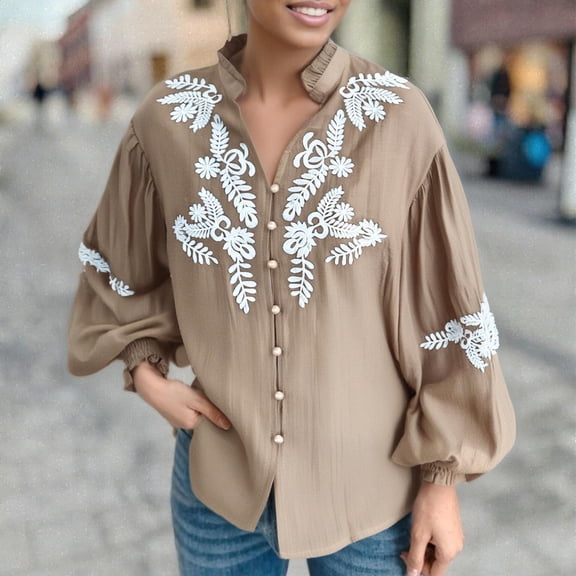 Tawop Women Shirts Long Sleeves Button Down Embroidery Floral Cardigans,Beige,Size S