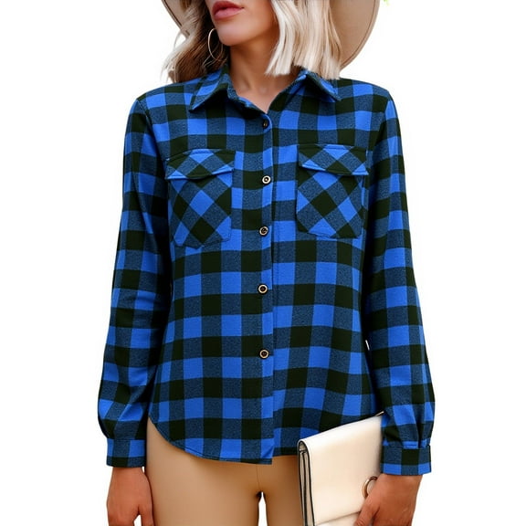 Tawop Women Shirts Long Sleeves Button Down Lapel Collar Knit Plaid Flannel Shirts in Women,Blue,Size L