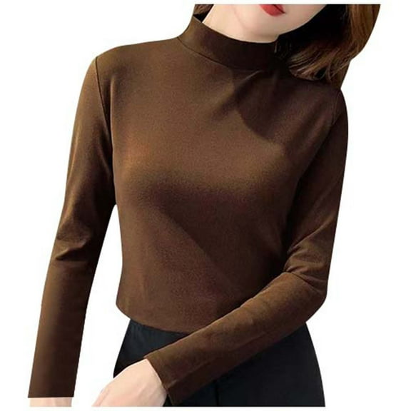 Tawop Women Shirts Long Sleeves Round Neck High Neck,Brown,Size M