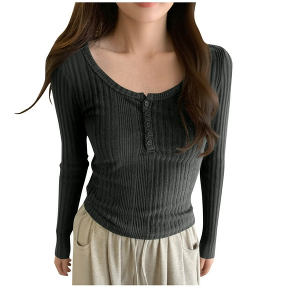 Tawop Women Shirts Long Sleeves V-Neck Button Down Loose Fit,Gray,Size L