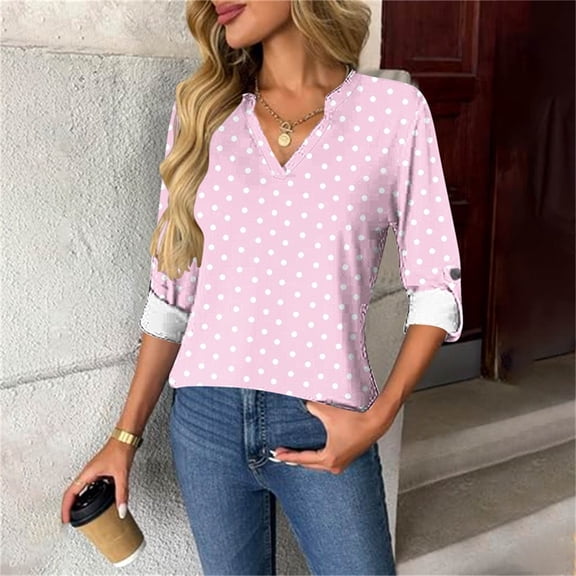 Tawop Women Shirts Long Sleeves V-Neck Button Down Printed,Pink,Size S