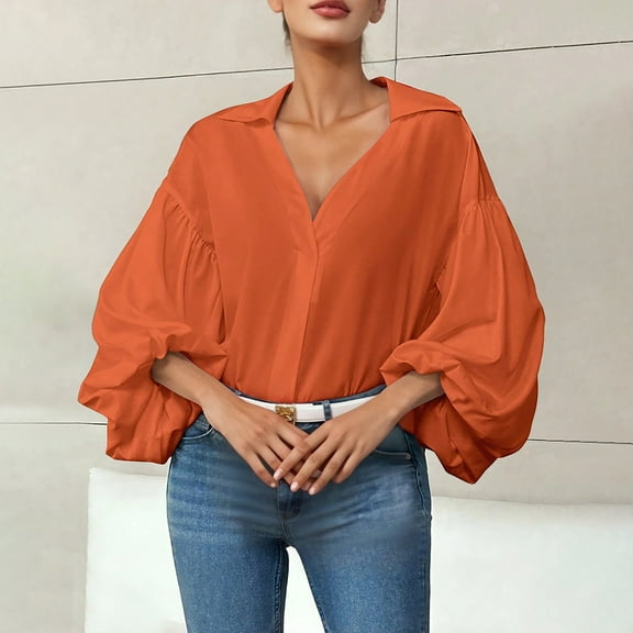 Tawop Women Shirts Long Sleeves V-Neck Pullover,Orange,Size S