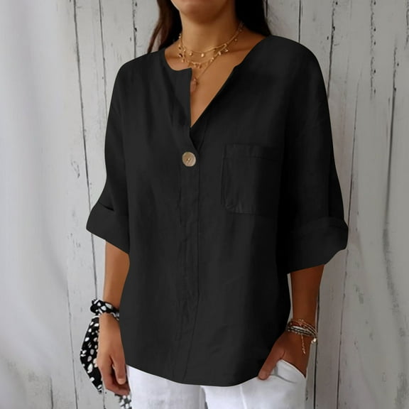 Tawop Women Shirts Womens T Shirts 3 4 Sleeve V Neck Button Linen Cotton Pocket Black Xl