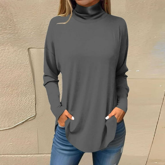 Tawop Women Shirts Womens T Shirts Long Sleeve High Neck Drop Shoulder Gray M(Us:6)