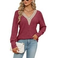 thumbnail image 1 of Tawop Women Shirts Womens T Shirts Long Sleeve Loose V Neck Lace Red L(Us:8), 1 of 7