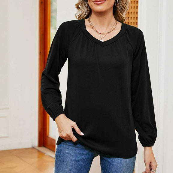 Tawop Women Shirts Womens T Shirts Long Sleeve Solid Loose V Neck Black S(Us:4)