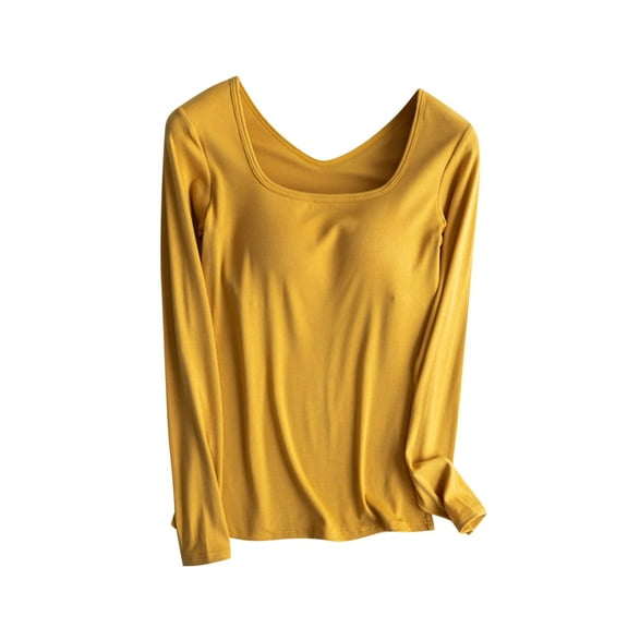 Tawop Women Shirts Womens T Shirts Long Sleeve Solid Square Chest Pad Integrated Yellow M(Us:6)