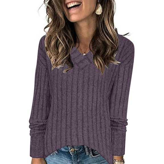 Tawop Women Shirts Womens T Shirts Long Sleeve V Neck Knitted Purple L(Us:8)