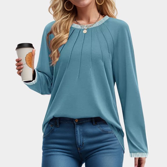 Tawop Women Shirts Womens T Shirts Round Neck Long Sleeve Loose Blue S(Us:4)