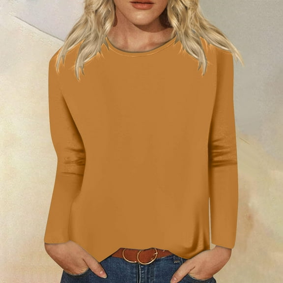 Tawop Women Shirts Long Sleeve Womens T Shirts Round Neck Solid Comfort Gold L(Us:8)