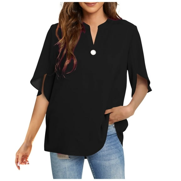 Tawop Women Shirts Womens T Shirts Round Neck Short Sleeve Long Sleeve Solid V Neck Button Decoration Striped Black L(Us:8)