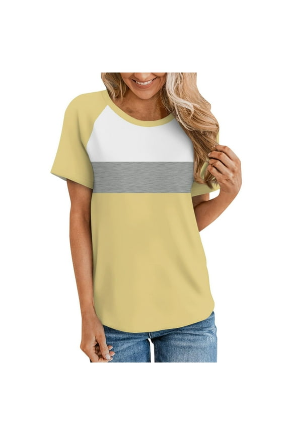 Women Shirts Womens T Shirts Round Neck Short Sleeve Patchwork Panel Yellow M(Us:6)