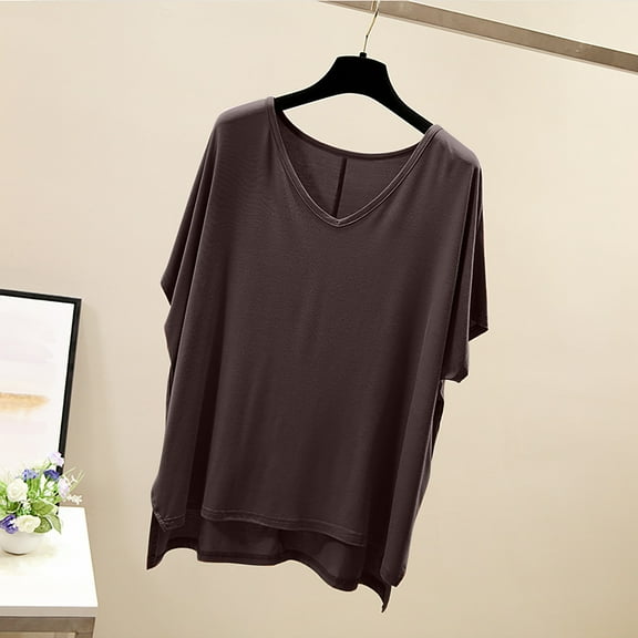 Tawop Women Shirts Womens T Shirts Short Sleeve Solid Loose V Neck Split Gray L(Us:10)