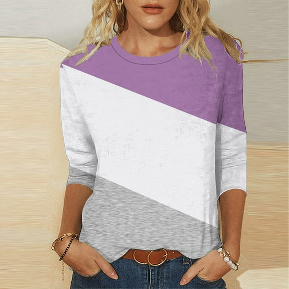 Tawop Women Shirts Womens Tee Shirts 3 4 Sleeve Round Neck Loose Daily Purple Xl(Us:16-18)