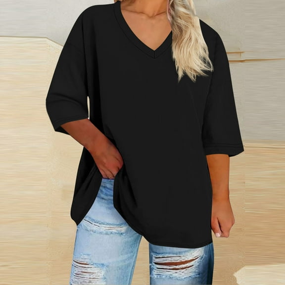 Tawop Women Shirts Womens Tee Shirts 3 4 Sleeve Short Sleeve Solid Summer V Neck Sports Oversized Black Xxl