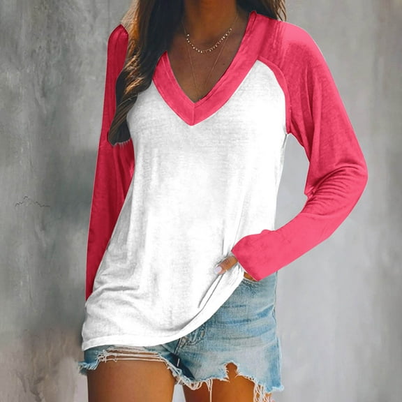 Tawop Women Shirts Womens Tee Shirts Long Sleeve Solid Loose V Neck Pullover Patchwork Ladies Panel Pink L(Us:8)