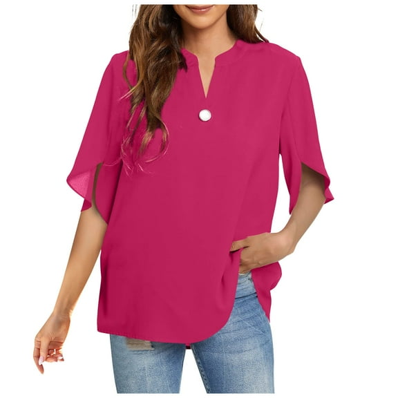 Tawop Women Shirts Womens Tee Shirts Round Neck Short Sleeve Long Sleeve Solid V Neck Button Decoration Striped Pink M(Us:6)