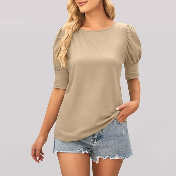 Tawop Women Shirts Womens Tee Shirts Round Neck Short Sleeve Solid Loose Button Beige M(Us:6)