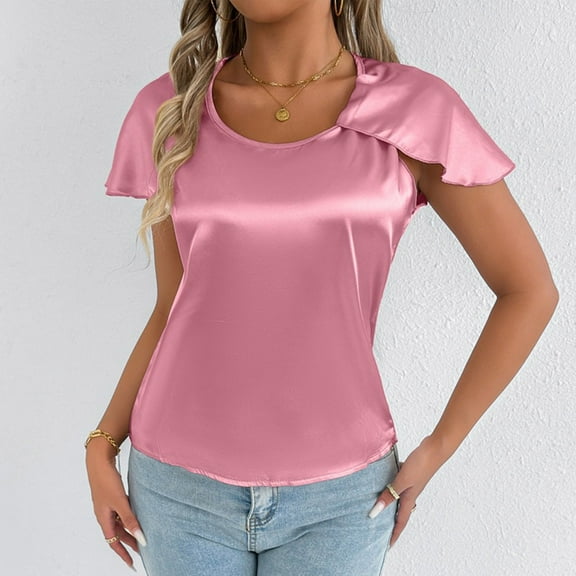 Tawop Women Shirts Womens Tee Shirts Round Neck Short Sleeve Solid Loose Summer Pullover Tank Hooded Pink L